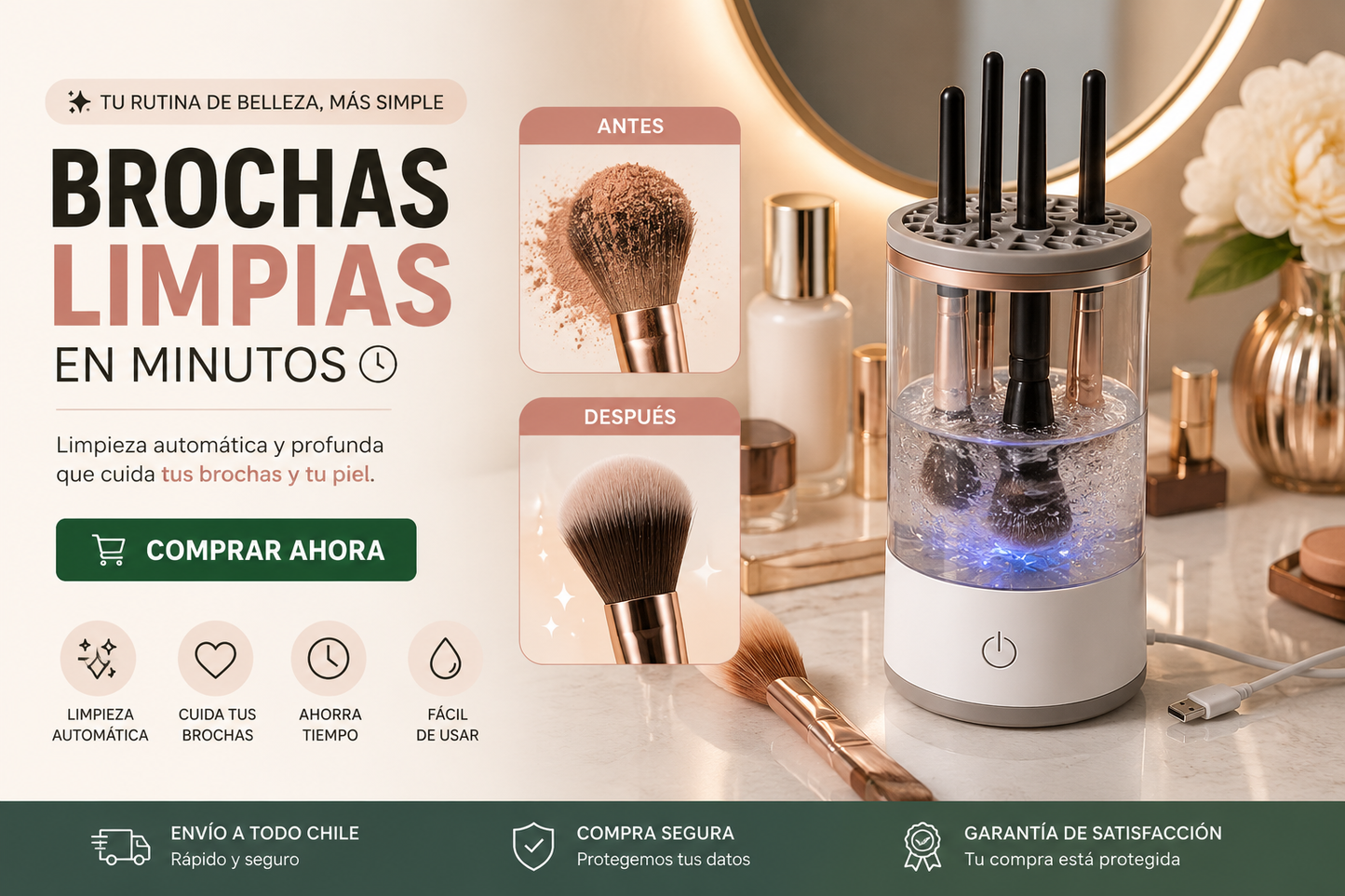 Limpiador Automático de Brochas de Maquillaje Pro | Brochas Limpias en Minutos