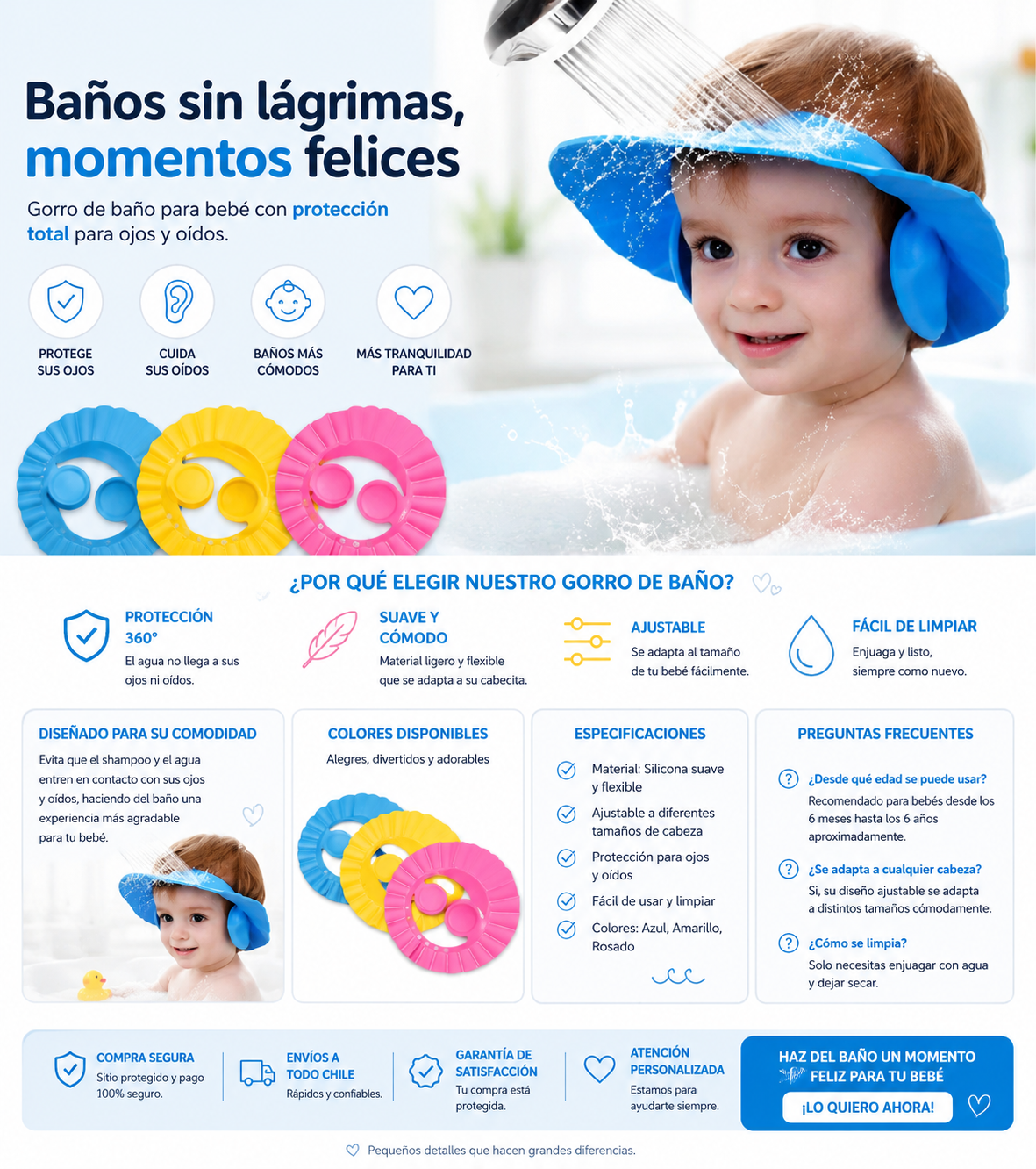 Gorro de Baño Ajustable para Bebé | Baños Sin Lágrimas