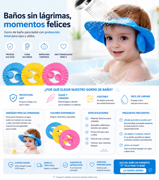 Gorro de Baño Ajustable para Bebé | Baños Sin Lágrimas