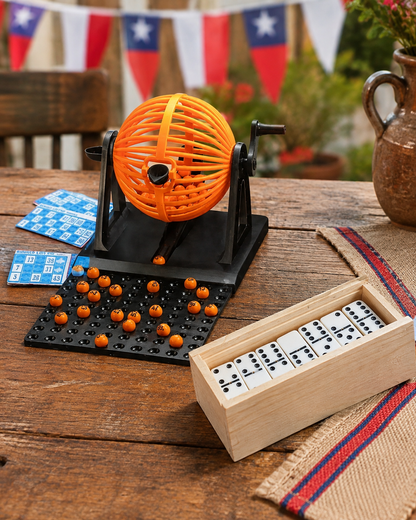 Bingo con tómbola naranja y dominó en caja de madera para Fiestas Patrias