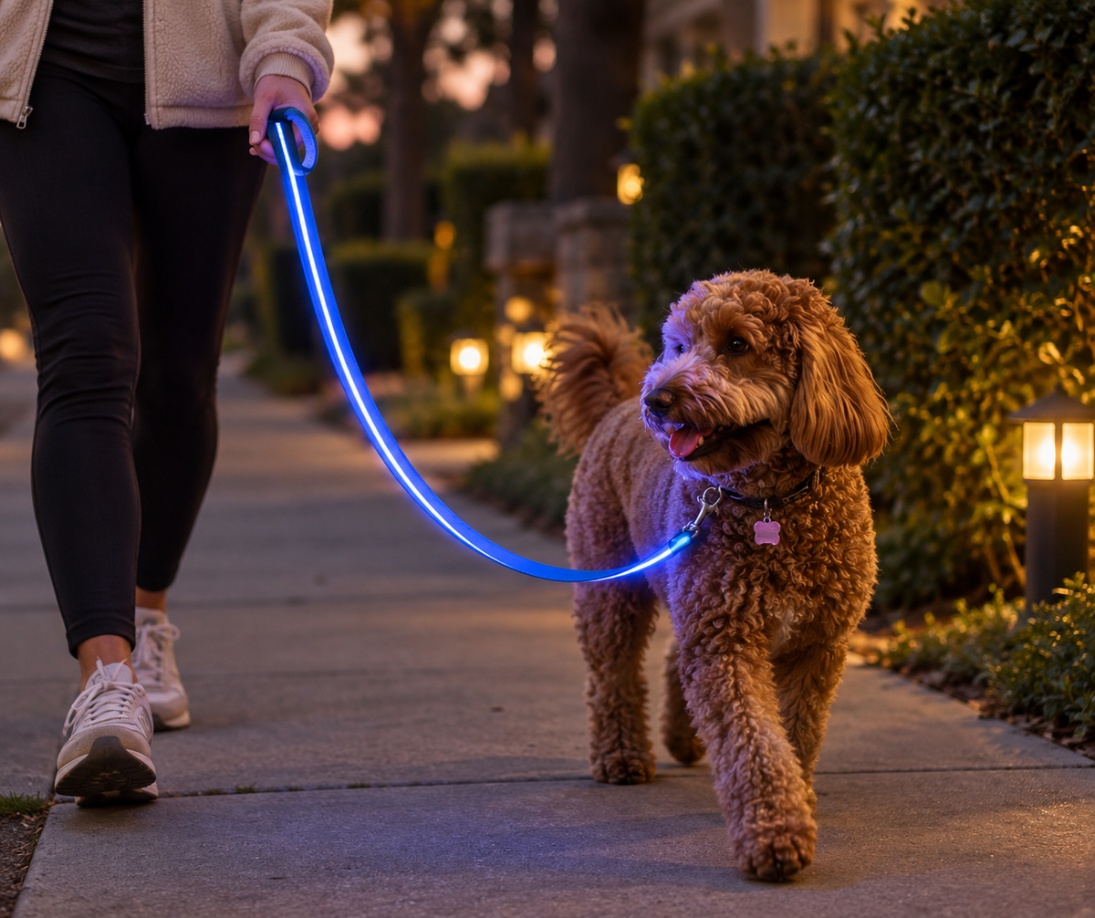 Perro paseando al atardecer con correa LED azul encendida