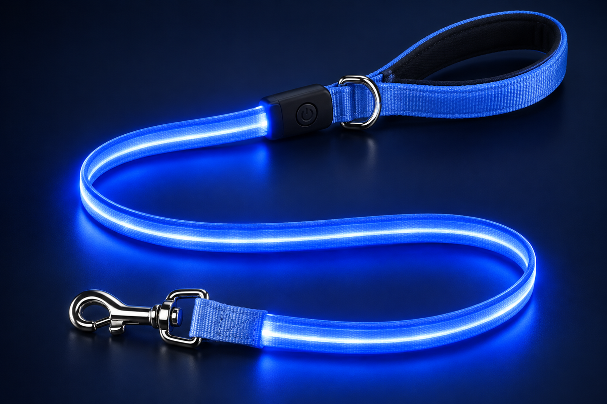 Correa LED azul recargable con mango acolchado y mosquetón