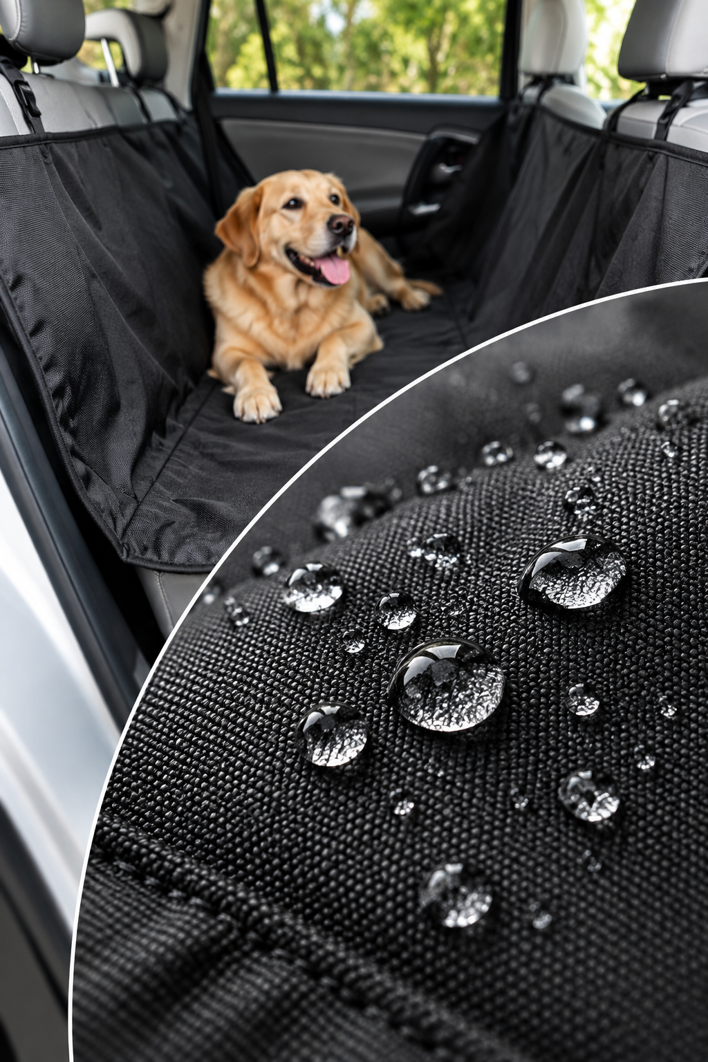 Detalle de gotas sobre tela Oxford del cubre asiento