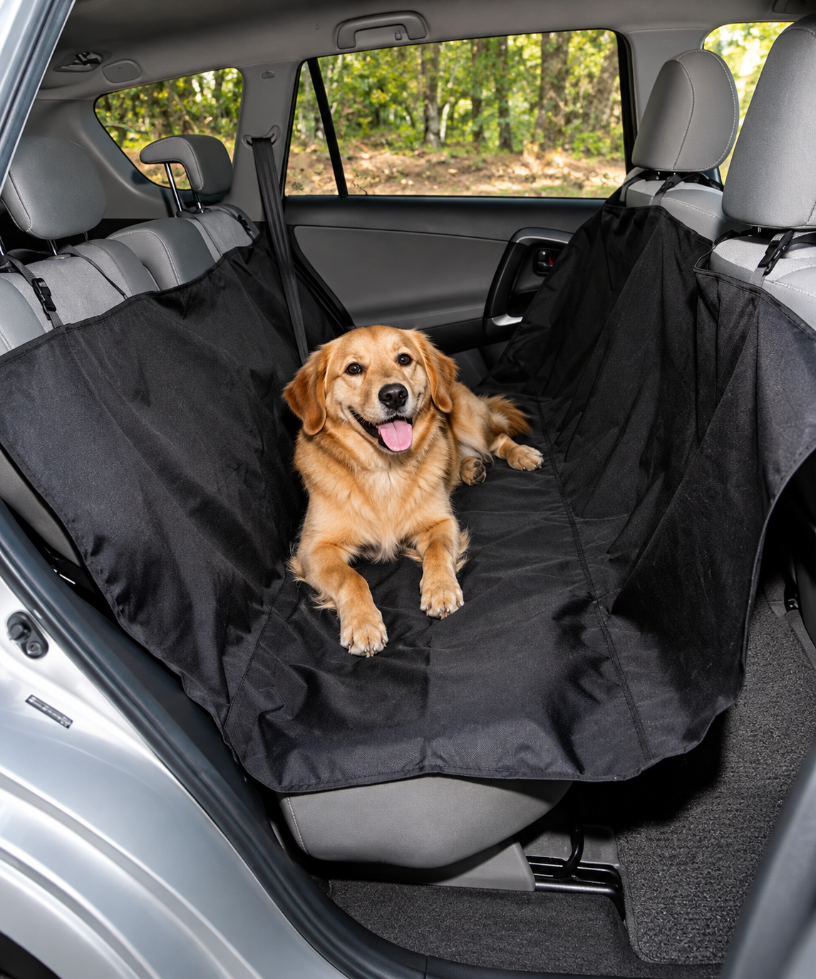 Perro sobre cubre asiento negro instalado en el asiento trasero