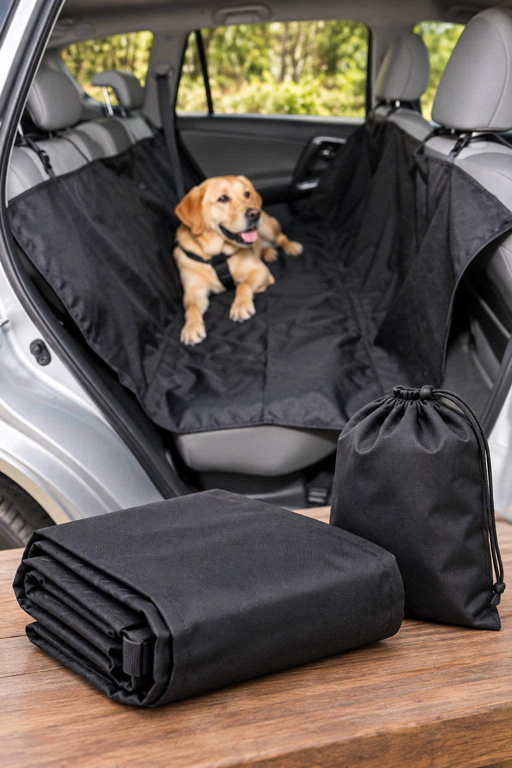 Cubre asiento negro plegado y guardado de forma compacta