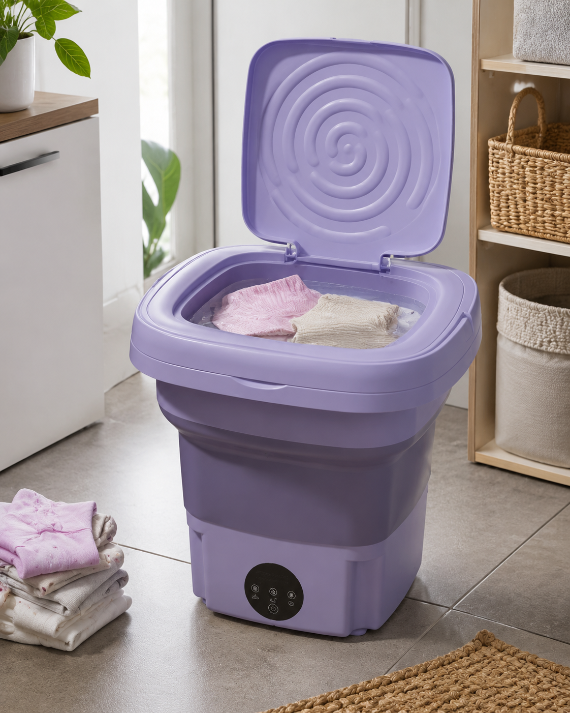 Lavadora portátil plegable color lavanda abierta con prendas pequeñas