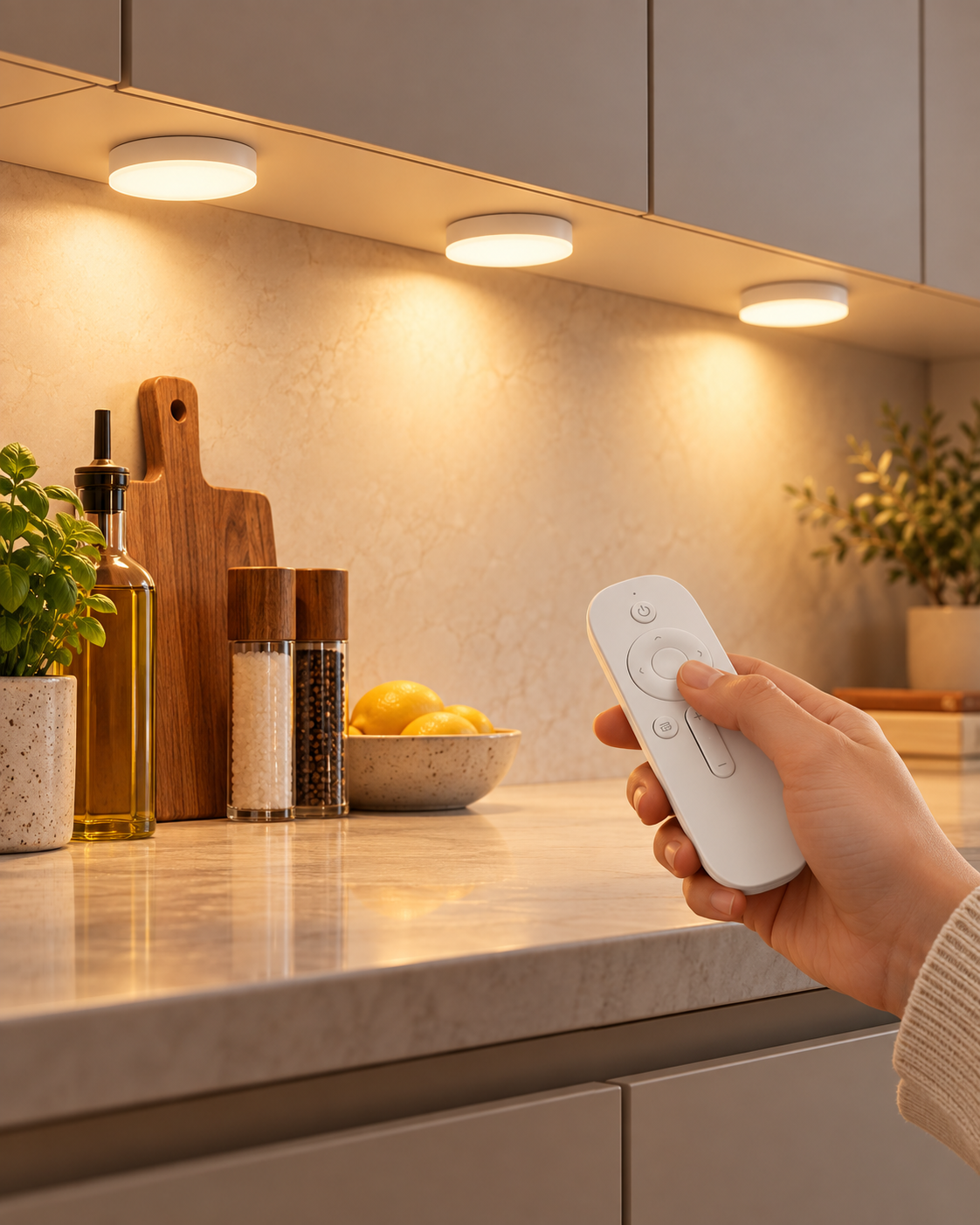 Tres luces LED iluminando una encimera de cocina