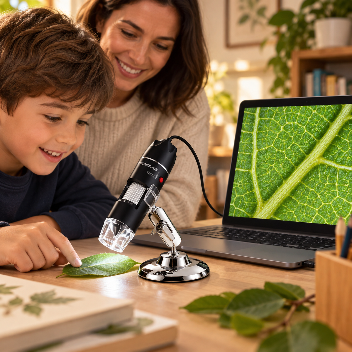Familia explorando una hoja con un microscopio digital USB