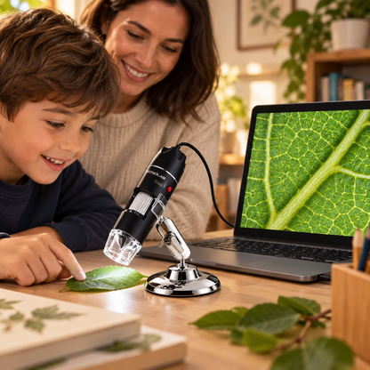Familia explorando una hoja con un microscopio digital USB