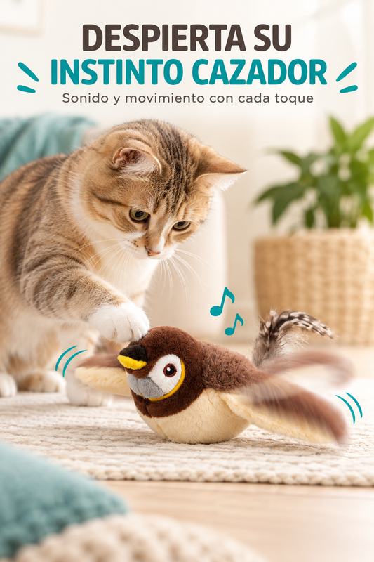 Pájaro interactivo para gatos con sonido y movimiento al tocarlo