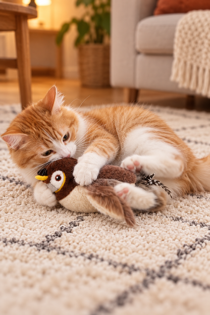 Gato jugando y abrazando el pájaro interactivo