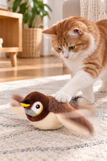 Gato tocando un pájaro interactivo de peluche