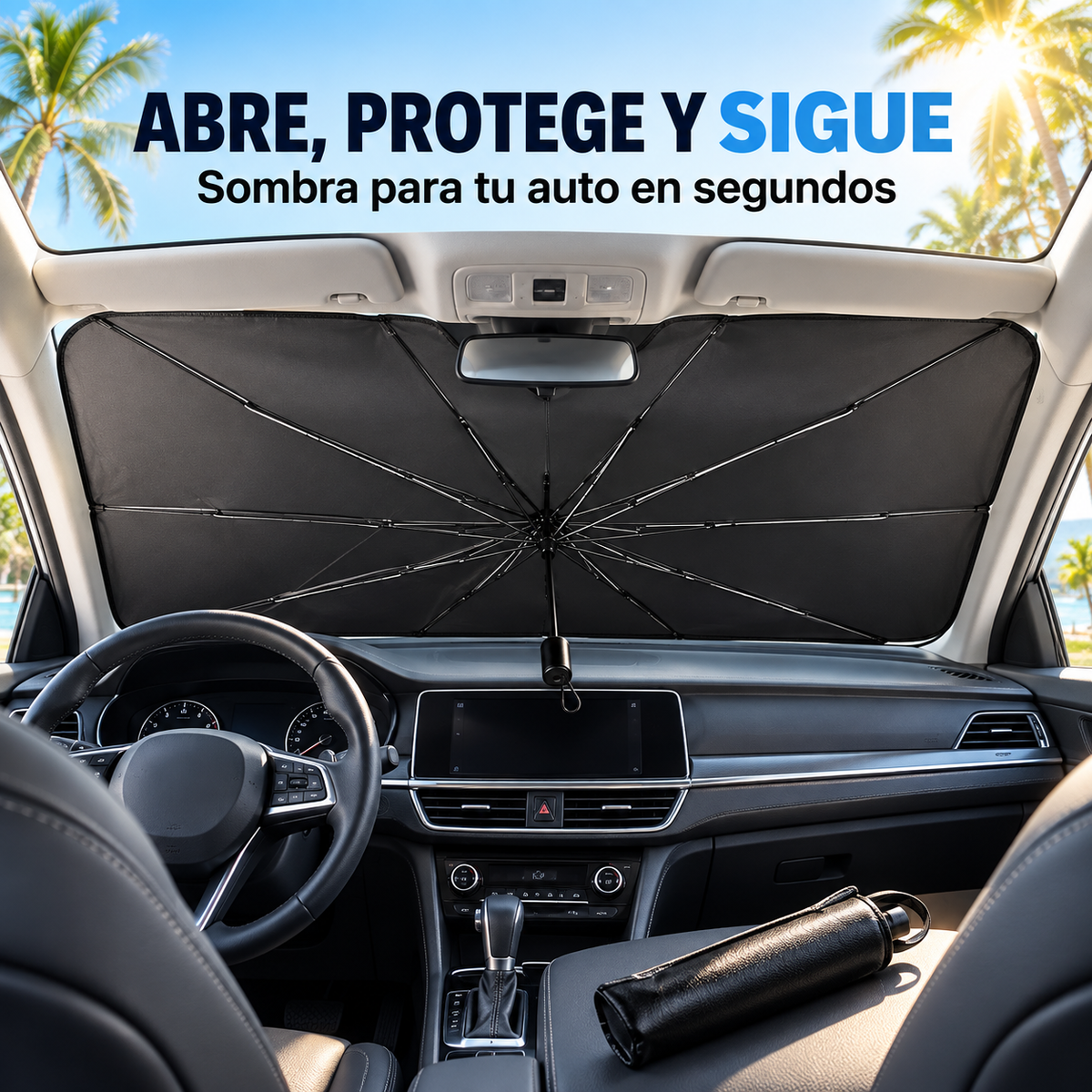 Parasol sombrilla para auto instalado: abre, protege y sigue