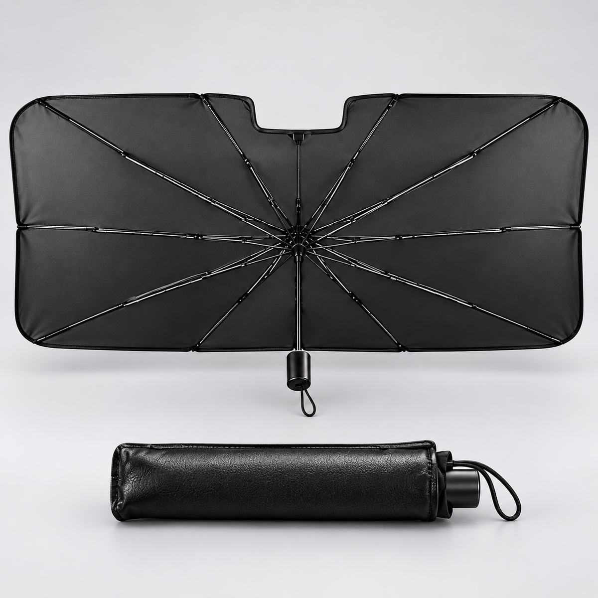 Parasol para parabrisas abierto y plegado dentro de su funda