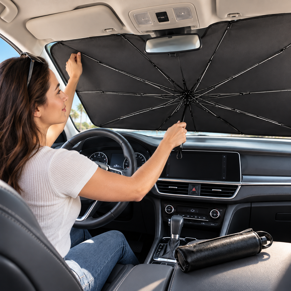 Instalación rápida del parasol tipo sombrilla dentro del auto