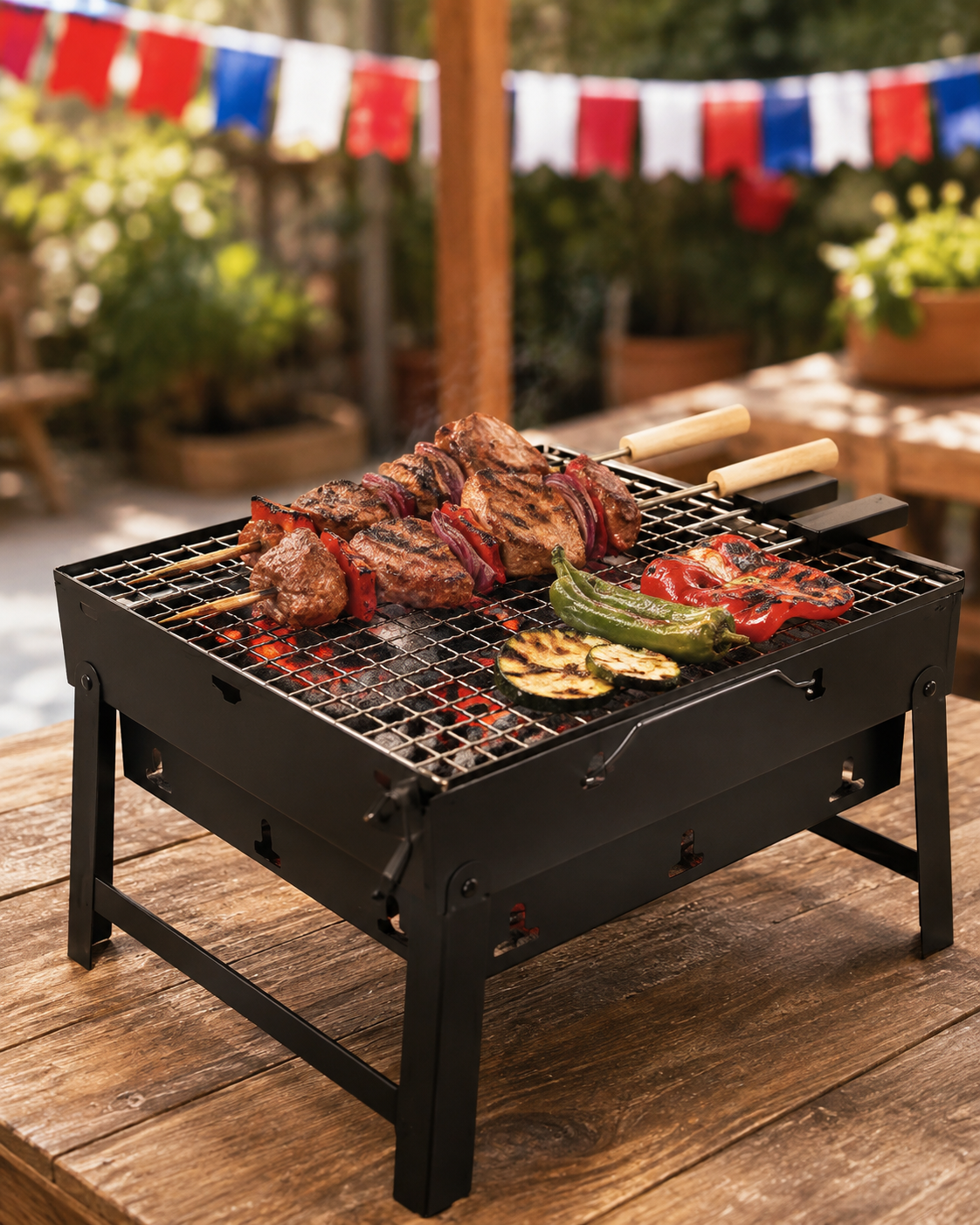 Parrilla portátil plegable a carbón para asado de Fiestas Patrias