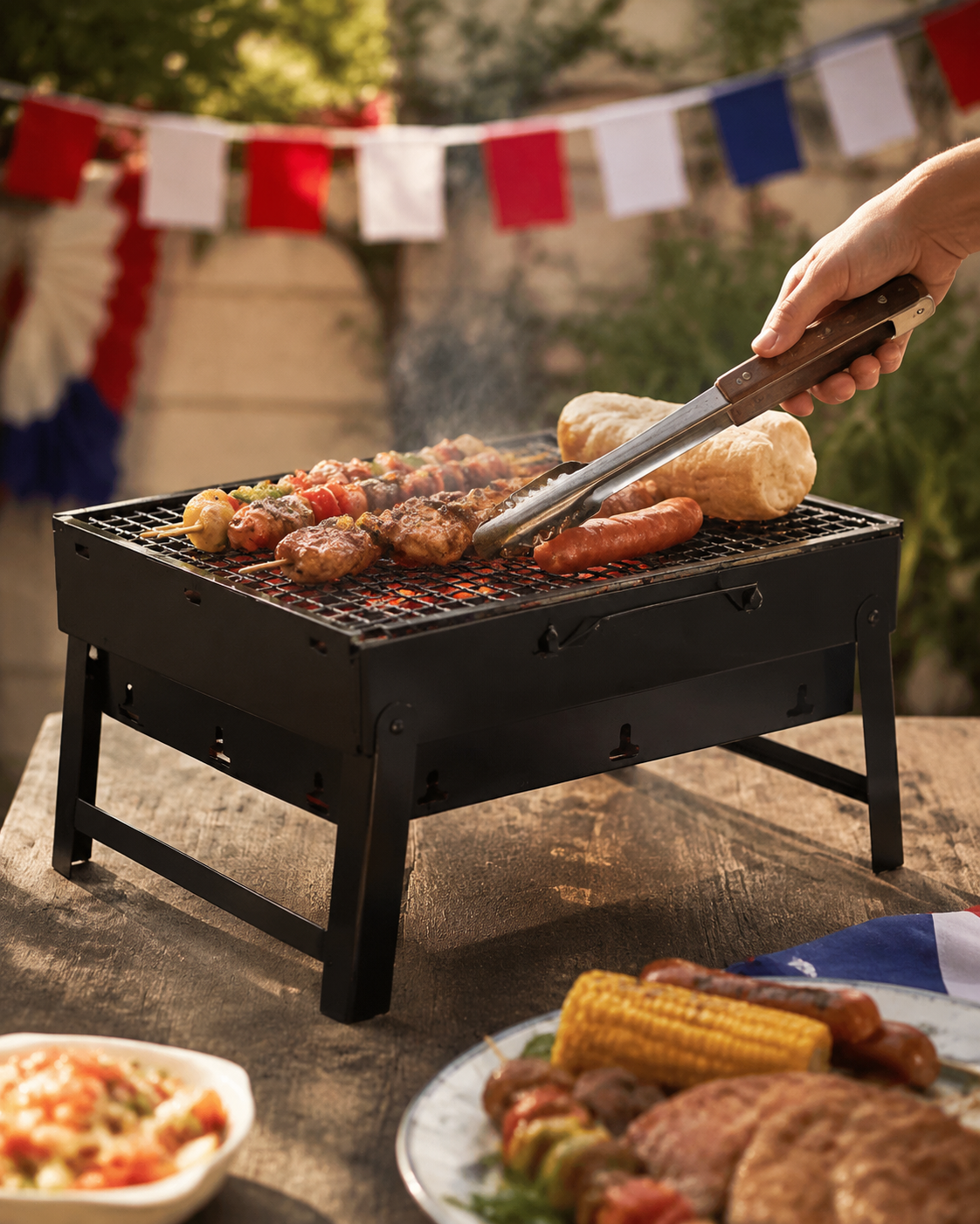 Parrilla compacta preparando anticuchos durante un asado dieciochero