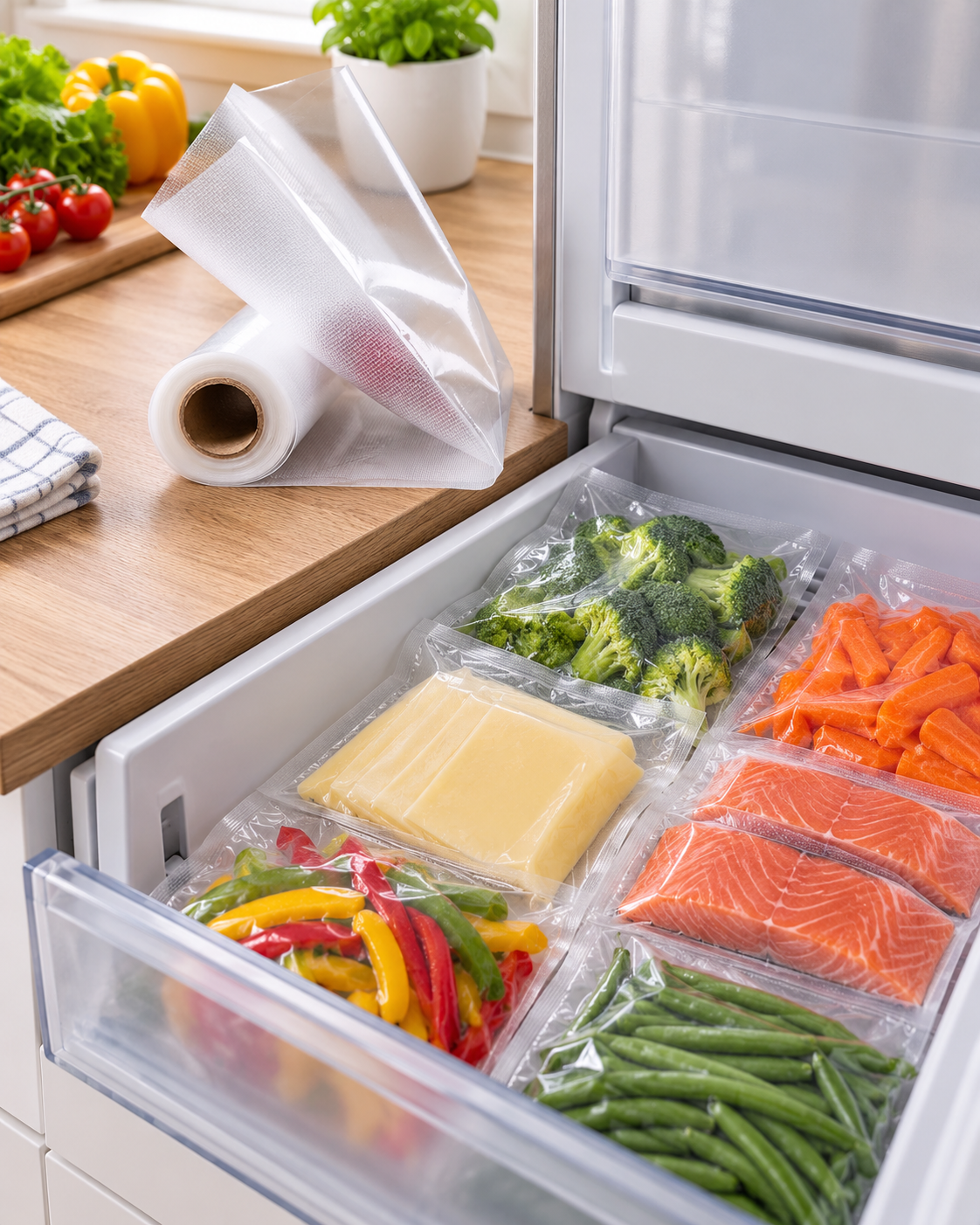 Alimentos organizados en bolsas al vacío
