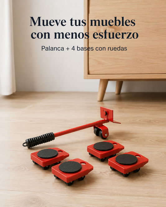 Kit elevador de muebles — palanca y cuatro bases con ruedas